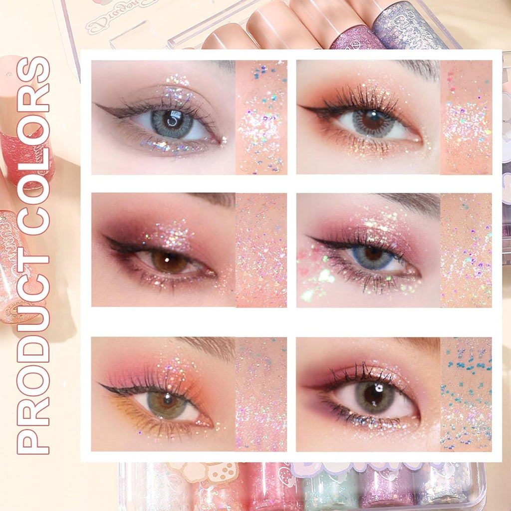 6 Pcs Liquid Glitter Eyeshadow Set Colorful Eyeliner With Long-Lasting And Waterproof Shinning Eye Shadow Gift For Women Eye Makeup (Transparent Bear)