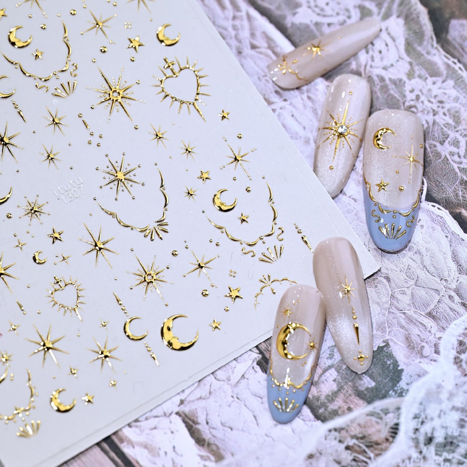 Gold Star Nail Stickers 5D Embossed Nail Art Stickers Decals with Gold Moon Heart Design Nail Stickers for Nail Art Self-Adhesive for Women Nail Art Manicure Decor