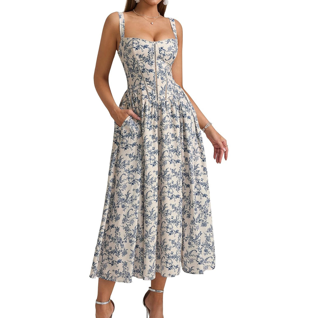 Kutumai Floral Corset Midi Dress Flowy Slit Summer Spring Wedding Guest Dresses For Women Sundress With Pockets