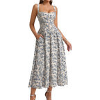 Kutumai Floral Corset Midi Dress Flowy Slit Summer Spring Wedding Guest Dresses For Women Sundress With Pockets
