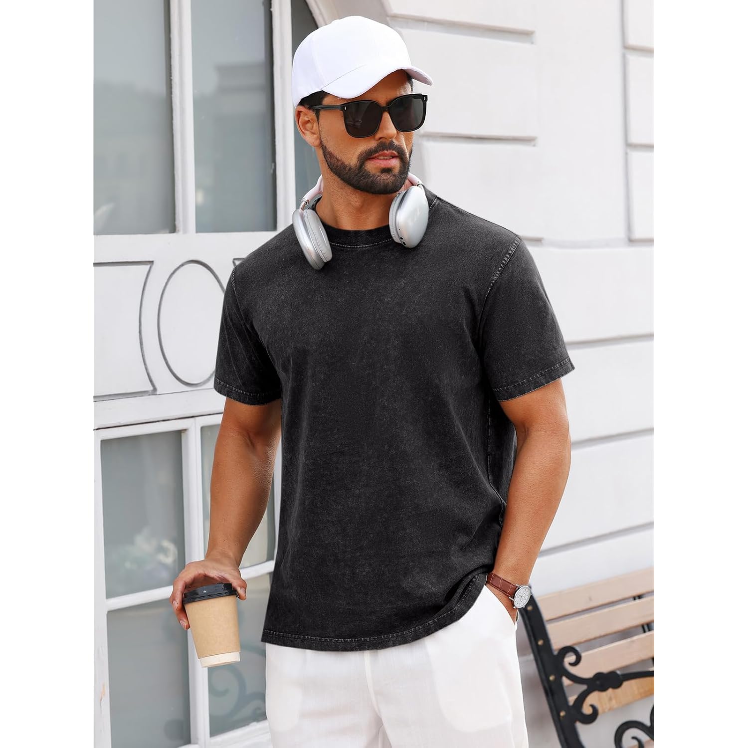 Runcati Mens Short Sleeve T-Shirts 100% Cotton Crew Neck Casual Shirt Vintage Acid Wash Summer Fashion Tees