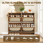 Freestanding Ultra Slim Arched Rattan Accent Shoe Storage Cabinet For Entryway - 4 Flip Drawers & 3-Tier Adjustable Shelves, Farmhouse Modern Rustic Shoe Rack For Hallway, Foyer Oak