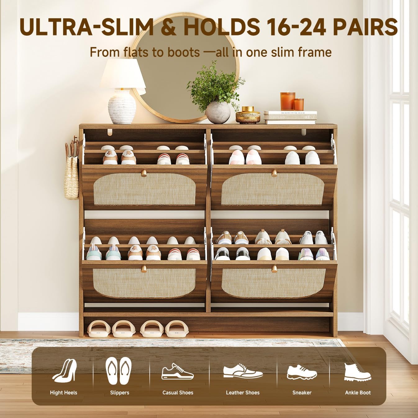 Freestanding Ultra Slim Arched Rattan Accent Shoe Storage Cabinet For Entryway - 4 Flip Drawers & 3-Tier Adjustable Shelves, Farmhouse Modern Rustic Shoe Rack For Hallway, Foyer Oak
