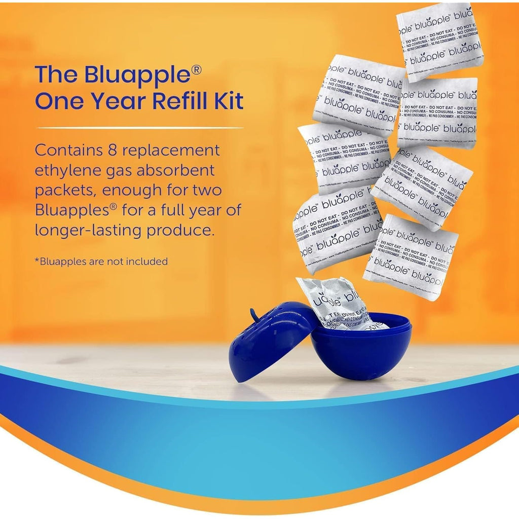 Bluapple Produce Saver Ethylene Gas Absorber - Fresh Fruit & Vegetable Storage, Food Savers For Refrigerator, 8 Packets (9G Each), Each Packet Lasts 3 Months, Kitchen Must Haves, Usa Made - Refill Kit
