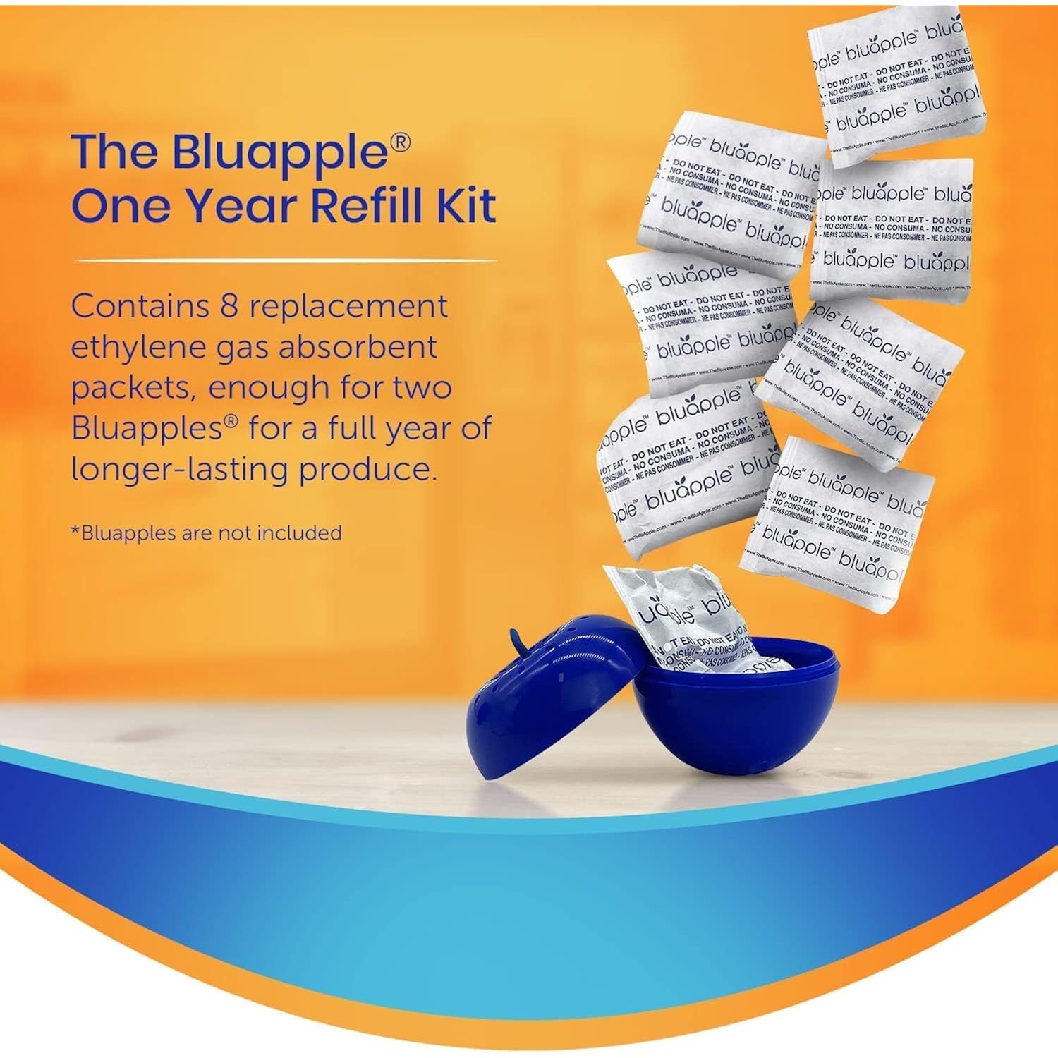 Bluapple Produce Saver Ethylene Gas Absorber - Fresh Fruit & Vegetable Storage, Food Savers For Refrigerator, 8 Packets (9G Each), Each Packet Lasts 3 Months, Kitchen Must Haves, Usa Made - Refill Kit
