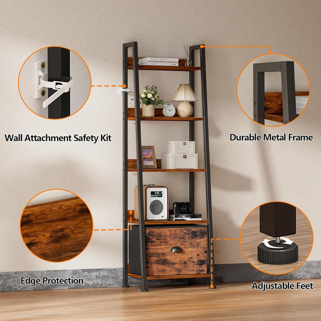 Furologee 5-Tier Ladder Shelf, Ladder Bookshelf With Removable Drawer, Rustic Bookcase Storage Rack Organizer, Wood Metal Freestanding Storage Shelf For Living Room, Home Office, Bedroom, Balcony
