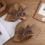Womens Straw Hat Foldable Wide Brim Floppy Beach Sun Hats, Bucket Cap With Bowknot For Girls