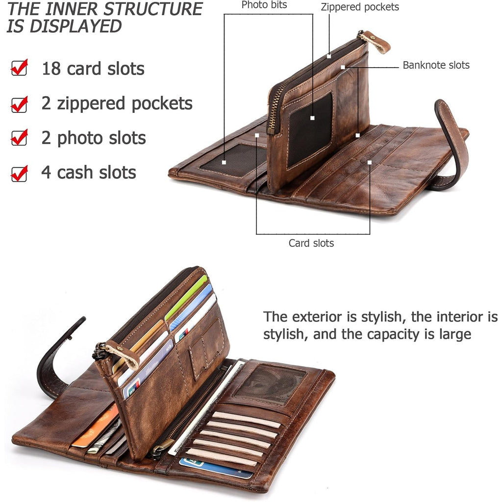 Genuine Leather Rfid Long Wallet For Women, Checkbook Card Holder | 18 Card Slots, Id Windows, Bill Pockets And Rfid Blocking Organize Cash, Cards, Receipts And Travel Documents