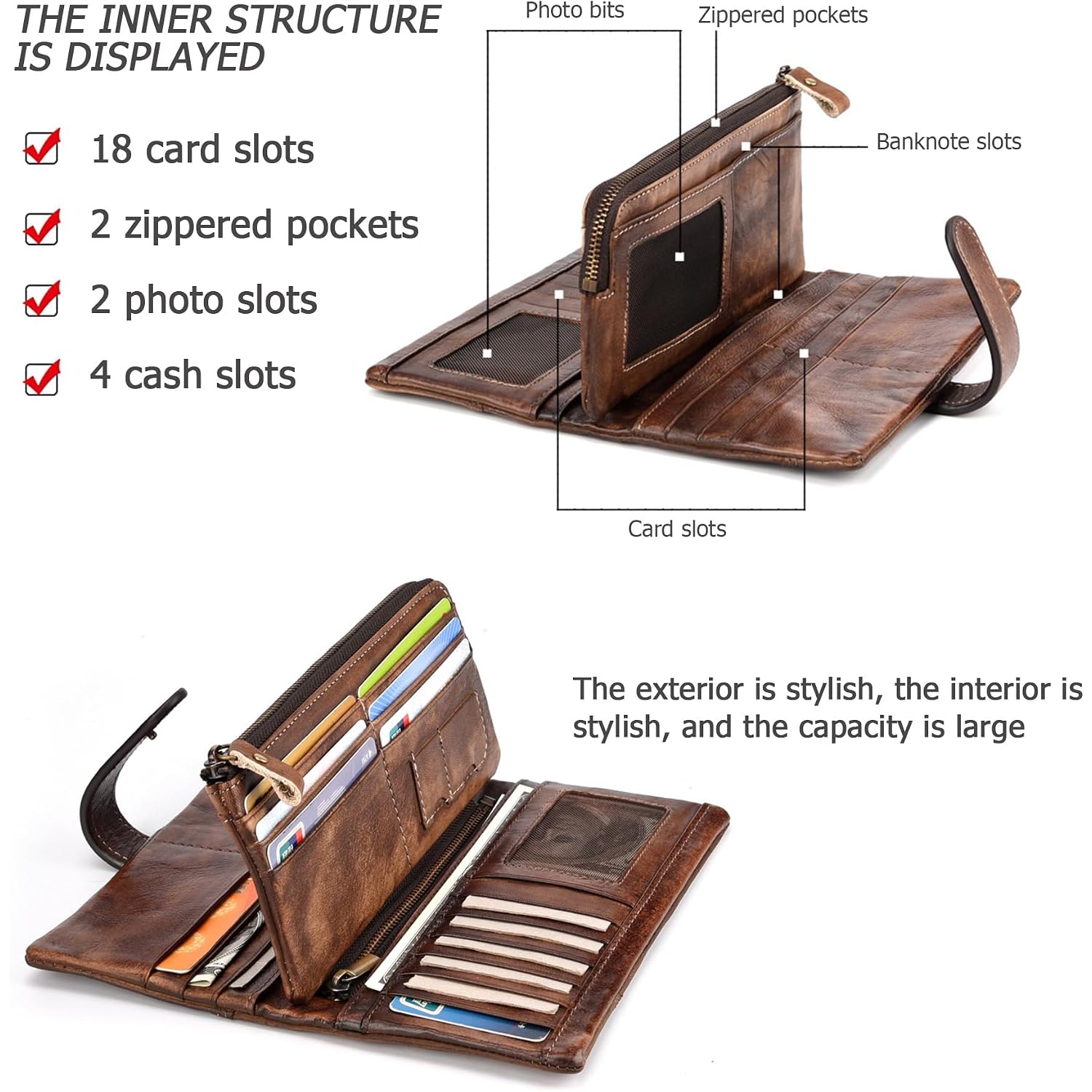 Genuine Leather Rfid Long Wallet For Women, Checkbook Card Holder | 18 Card Slots, Id Windows, Bill Pockets And Rfid Blocking Organize Cash, Cards, Receipts And Travel Documents