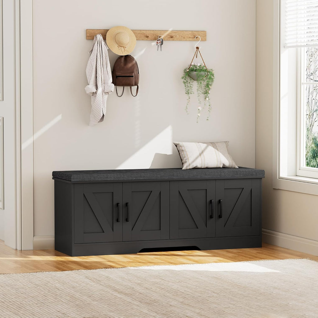 Homsho Farmhouse Shoe Storage Bench With 4 Barn Doors & Padded Seat Cushion | 47.2" Wide Entryway Bench With Adjustable Shelves & Hidden Storage, Black