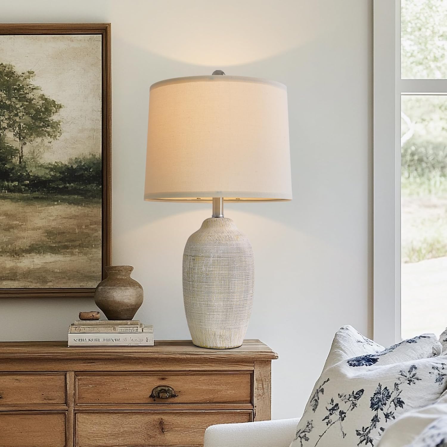 Usumkky 24 Inch Vintage Ceramic Table Lamp With 5Ft Cord - Single Farmhouse Rustic Bedside Lamp With Natural Textured Finish, Nightstand Lamps For Living Room, Bedroom, End Table Beige