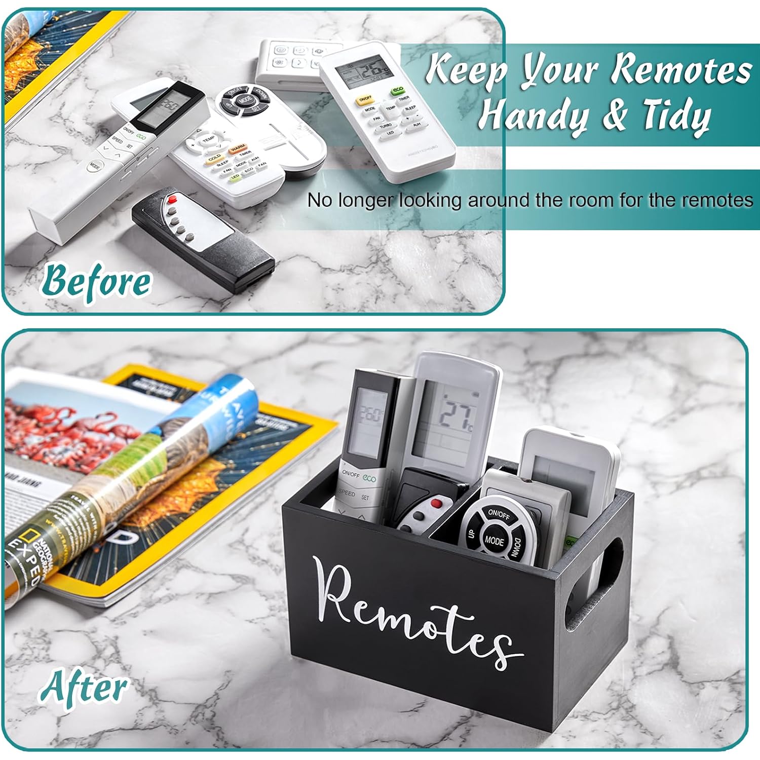 Drastar Remote Control Holder, Wood Tv Remote Holder, Remote Storage Caddy, Remote Control Organizer (Black, 2 Slots)