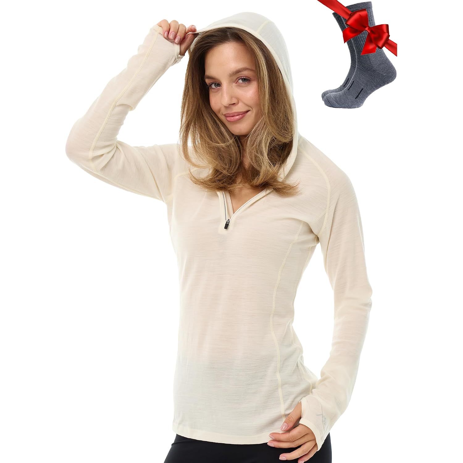 Merino.Tech Merino Wool Hoodie Women - Slim Fit 100% Merino Wool Base Layer Women Half Zip Thermal Long Sleeve Shirt