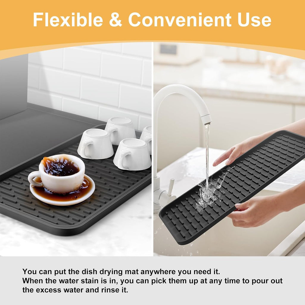 Silicone Coffee Mat, 24''X16'' Bar Mat With Detachable Dish Drying Mat - Fits Under Coffee Maker & Dish Rack
