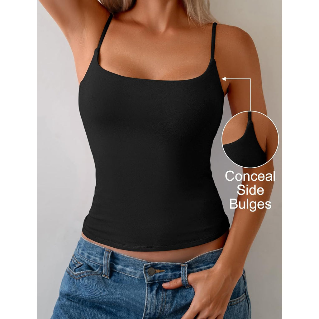 Women Cotton Cami Tops Built-in Shelf Bra Unpadded Square Neck Crop Tank Top Fitted Basic Camisole Going Out Tees
