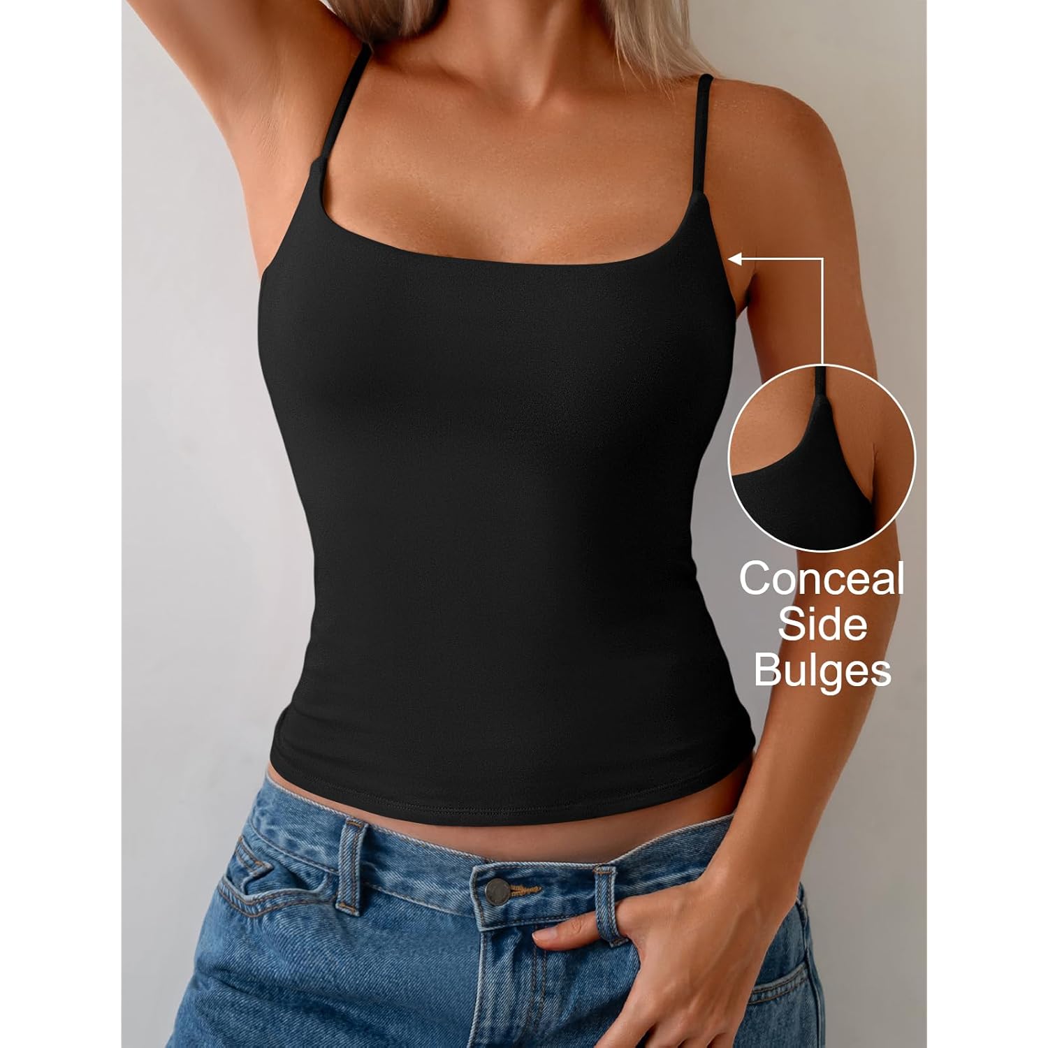 Women Cotton Cami Tops Built-in Shelf Bra Unpadded Square Neck Crop Tank Top Fitted Basic Camisole Going Out Tees