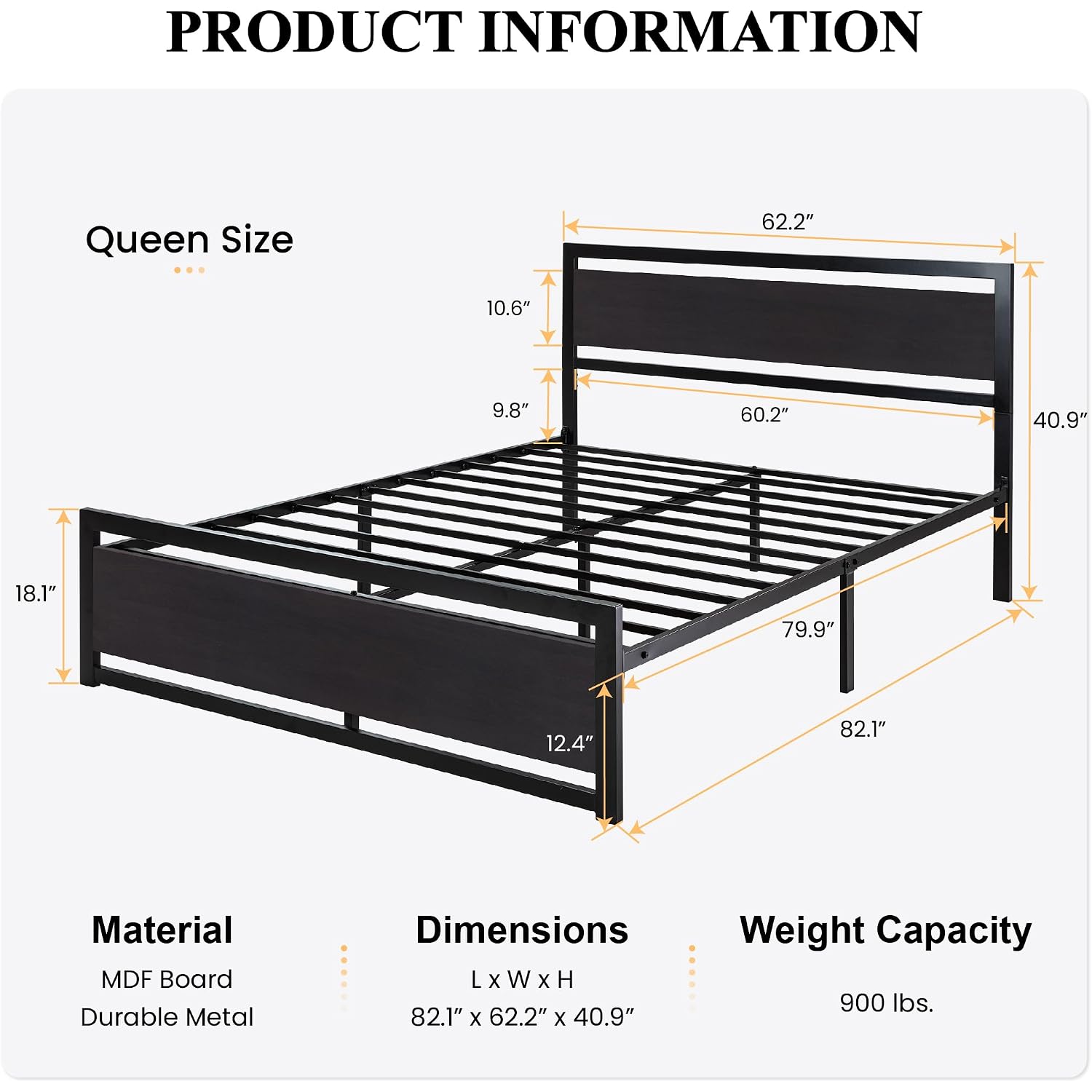 Sha Cerlin Heavy Duty Queen Size Bed Frame With Modern Headboard, Black