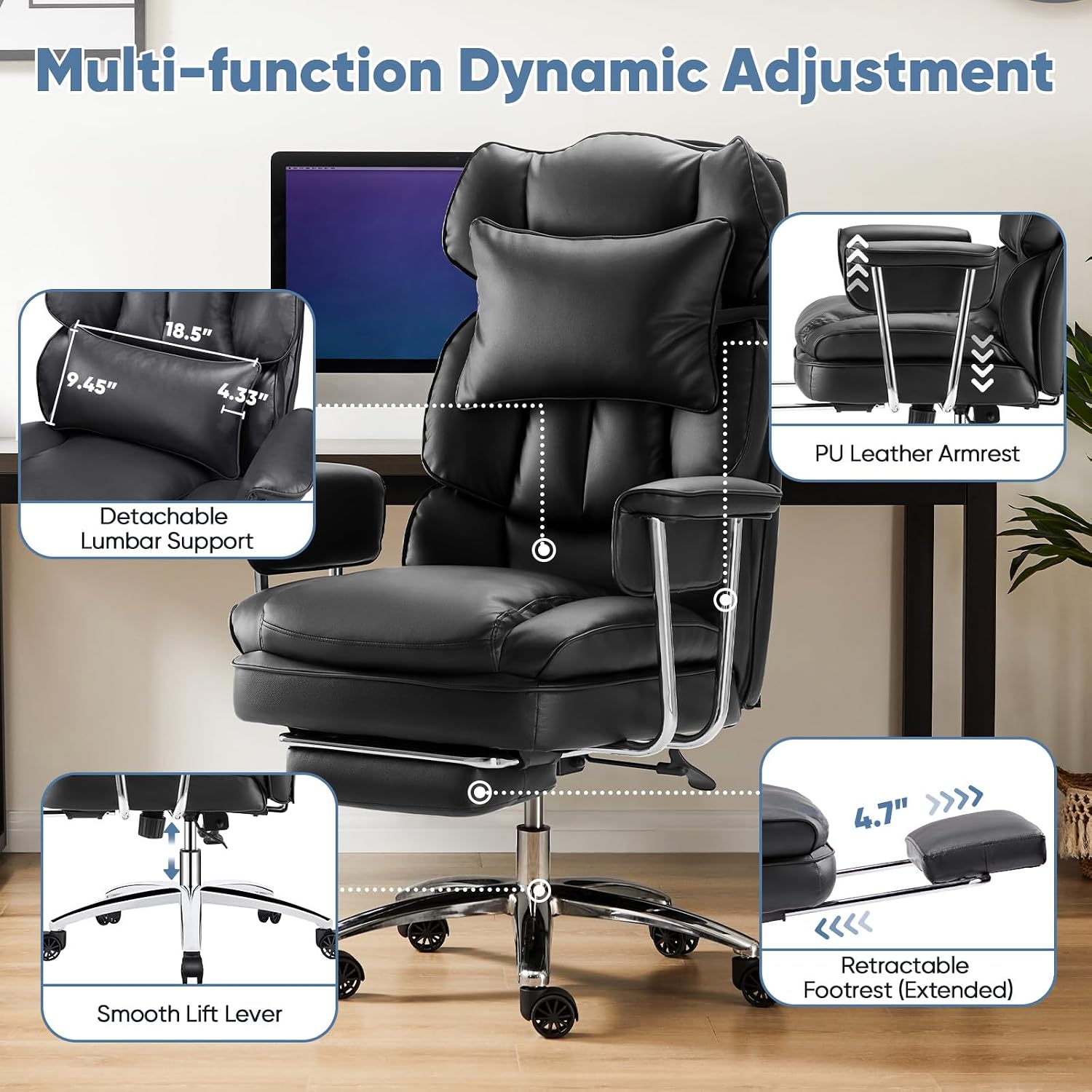Dumos Home Office Desk Executive Chair - Ergonomic Big Tall High Back With Footrest & Lumbar Support, Reclining Height Adjustable, Comfy Pu Leather Computer Gaming With Swivel Wheels, Black
