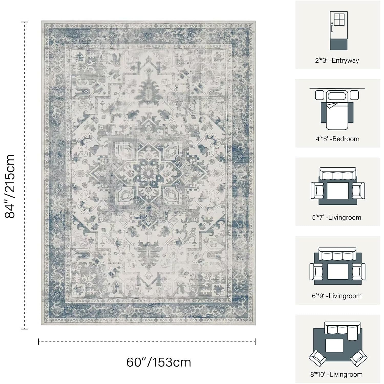 Rugxara Area Rugs 5x7, Washable Rugs for Living Room, Vintage Boho Light Blue Rug for Office, Dining Room, home decorKids Room and Farmhouse,Home Decor Durable Low Pile Non-Slip for High Traffic Areas