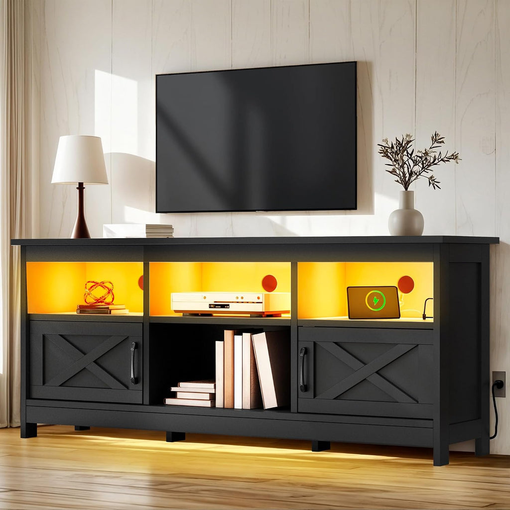 Yitahome 59" Tv Stand With Power Outlet & Led Light For 65 Inch Tvs, Black | Farmhouse Entertainment Center With Storage Cabinets, Media Console Living Room Furniture