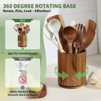 Wooden Utensil Holder, 360°Rotating 7.3'' Large Utensil Holder For Kitchen Counter, Kitchen Utensil Organizer, Utensil Crock, Farmhouse Kitchens Countertop Decor, Acacia Wood