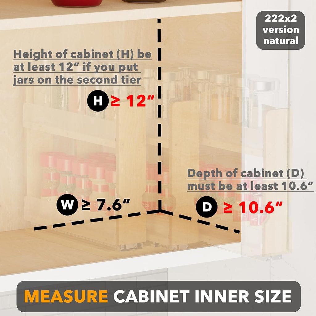 Spaceaid Bamboo Pull Out Spice Rack Organizer For Cabinet, Heavy Duty Slide Out Seasoning Kitchen Pantry Sliding Vertical Organization, 7.6" Wide, 3 Drawers(2" Wide), 2-Tier, Natural