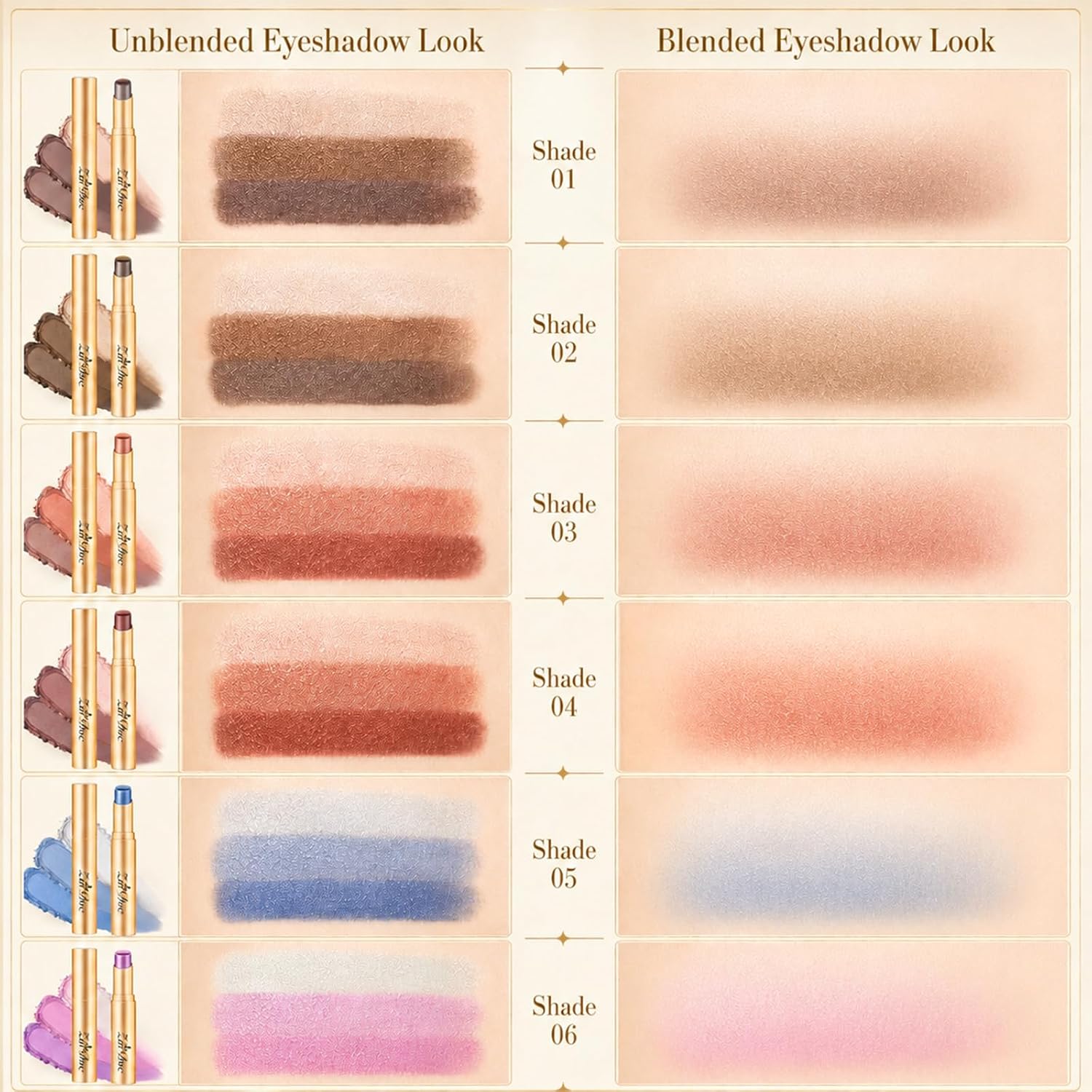 3 Color Eyeshadow Stick In Set Of 6, Long Lasting & Waterproof Creamy Eye Shadow, With Vitamin E Makeup For Day & Night Look, 1.13 Oz