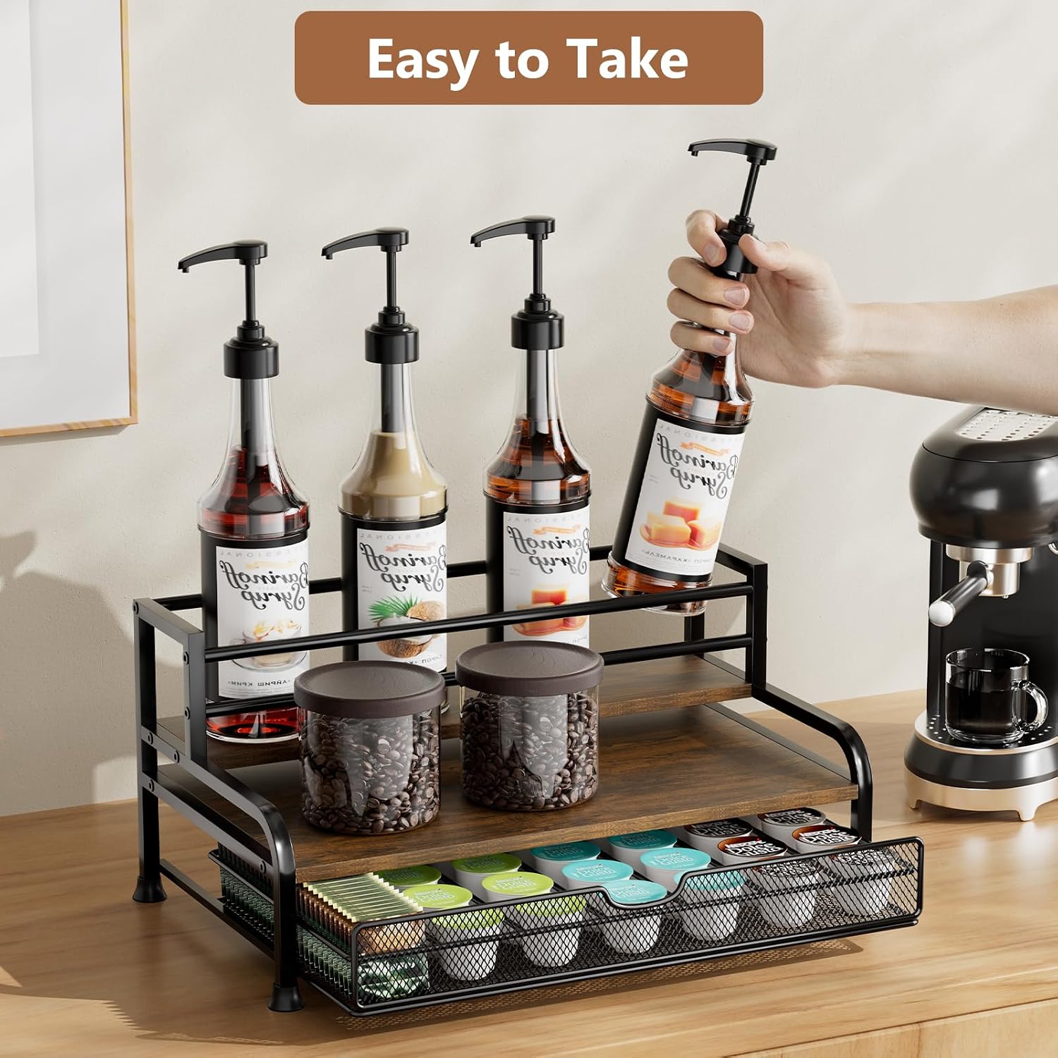 Coffee Syrup Rack Organizer, 3-Tier With 35 K-Cup Pod Holder Drawer | Black Metal Rack For 8 Syrup Bottles, Countertop Bottle Holder Stand For Wine, Space-Saving Design For Kitchen Cafe Station