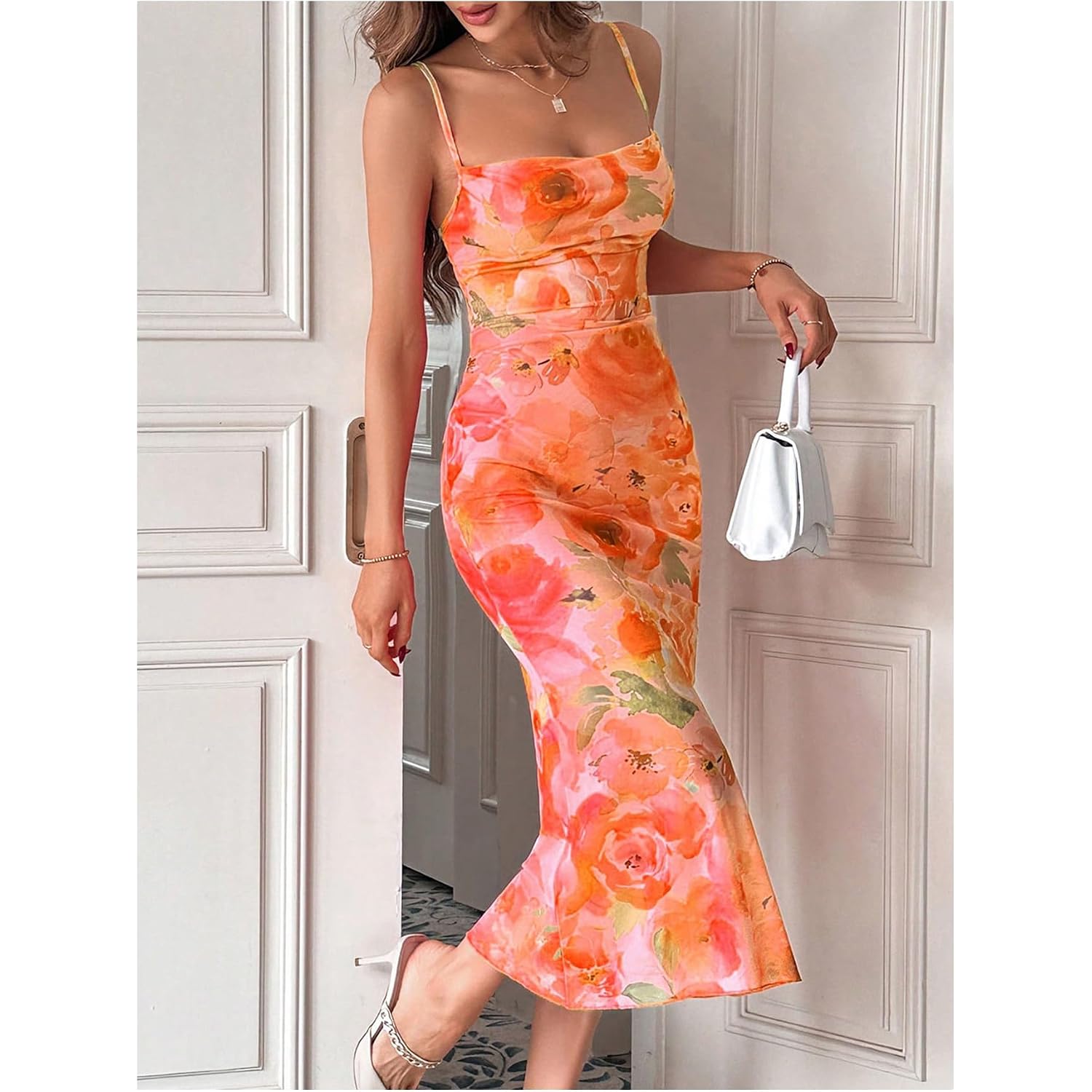 Gorglitter Women'S Floral Wedding Guest Derby Midi Dress Cocktail Summer Boho Beach Going Out Fishtail Sun Dresses