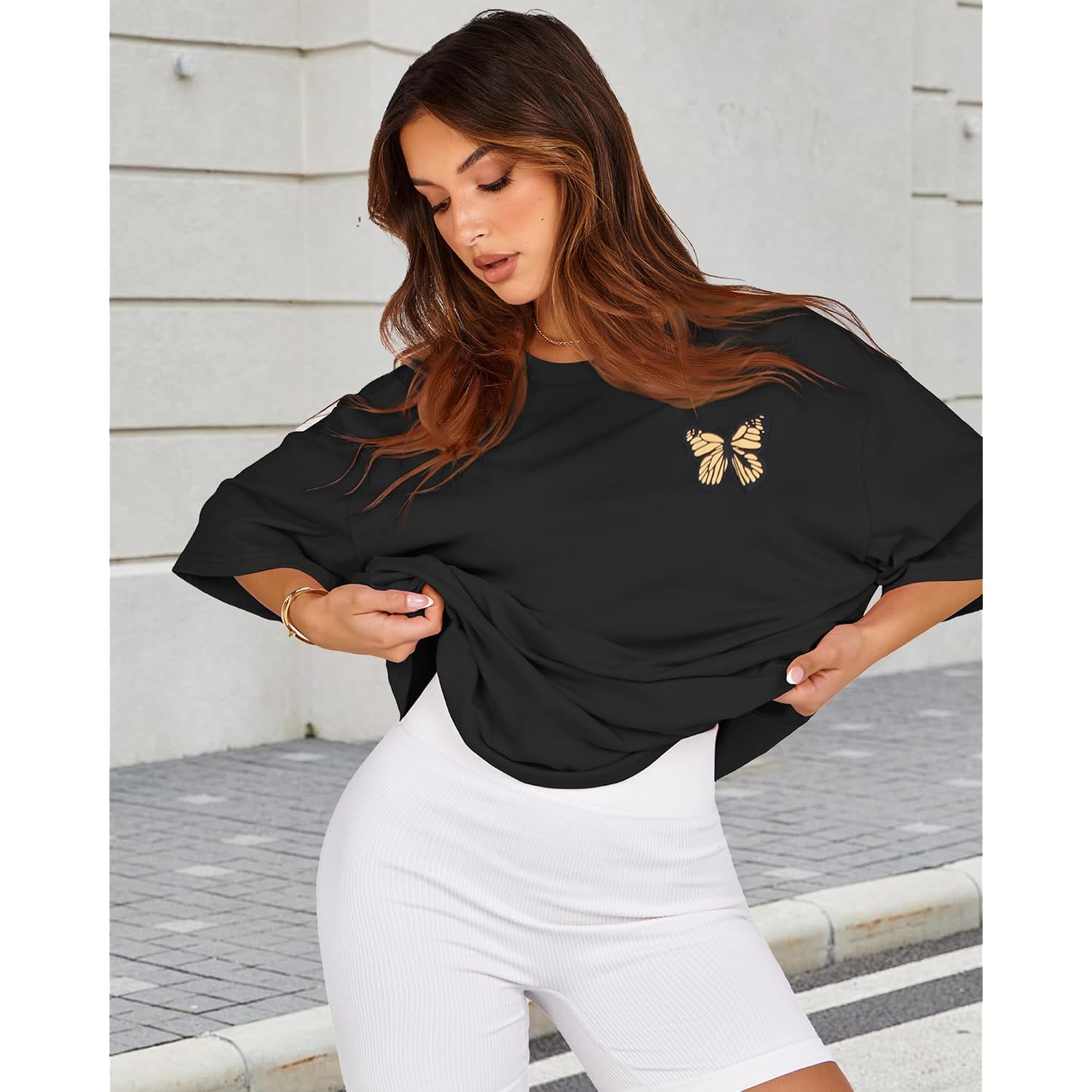 Womens Oversized Tshirt Graphic Tees Crew Neck Summer Short Sleeve Loose Fit Tops 2026 A-butterfly Print Black