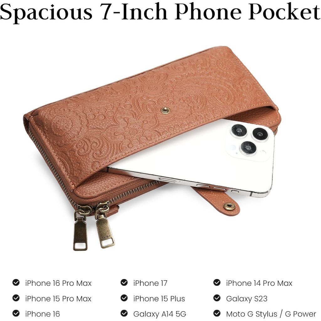 Befen Leather Wristlet Wallet For Women Cell Phone Purse With Built In Wallet Vintage Leather Crossdody Bag Clutch Purse
