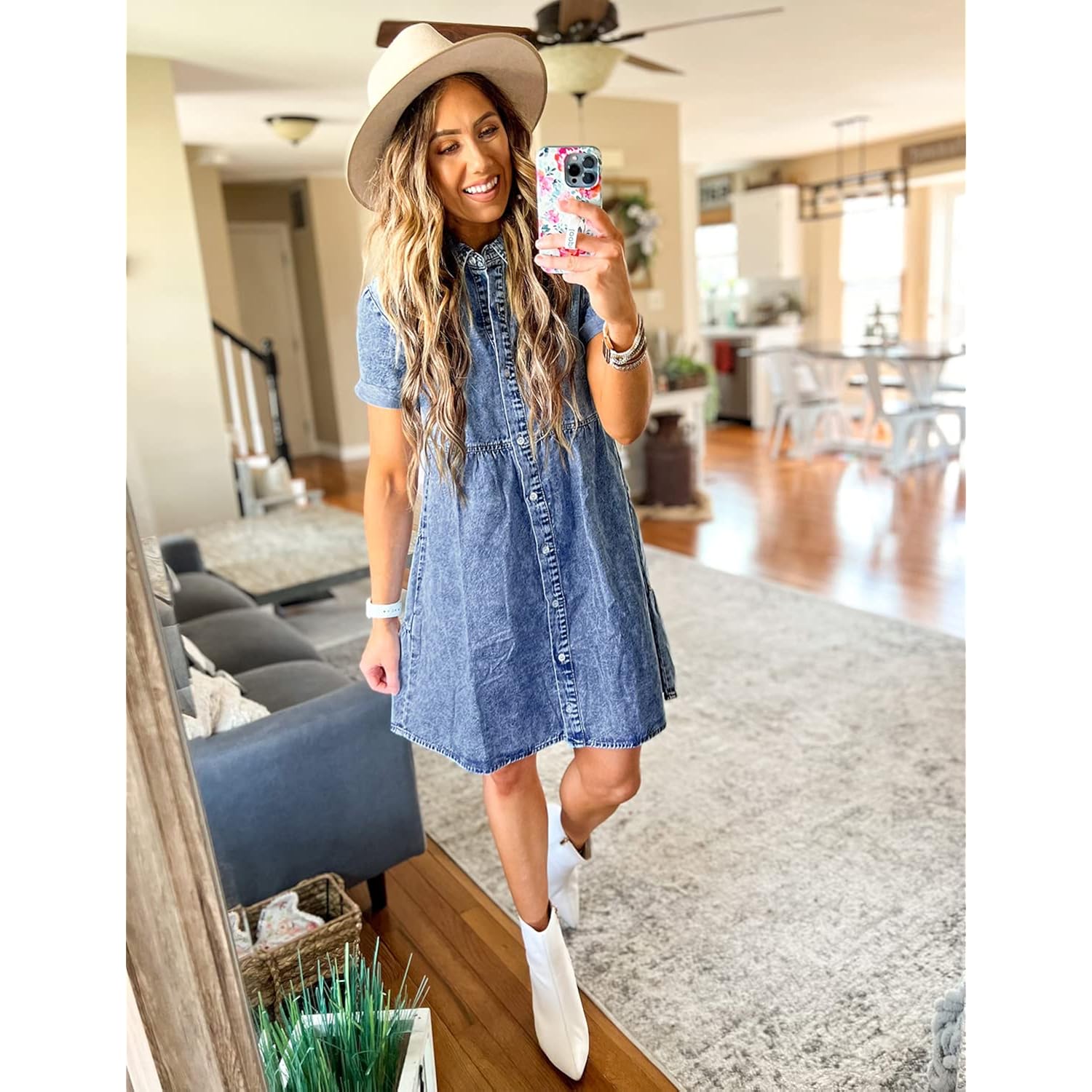 Lookbookstore Women'S Short Sleeve Button Down Flowy Tiered Babydoll Denim Dress