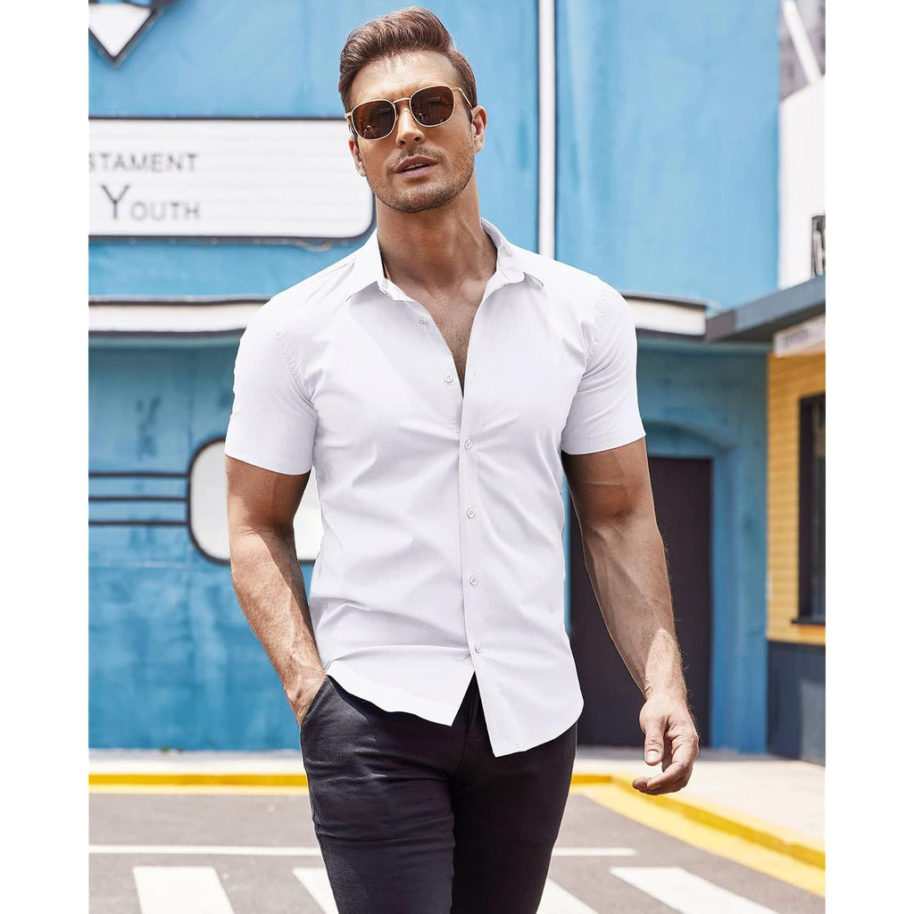 Coofandy Men'S Muscle Fit Dress Shirts Wrinkle-Free Short Sleeve Casual Button Down Shirt