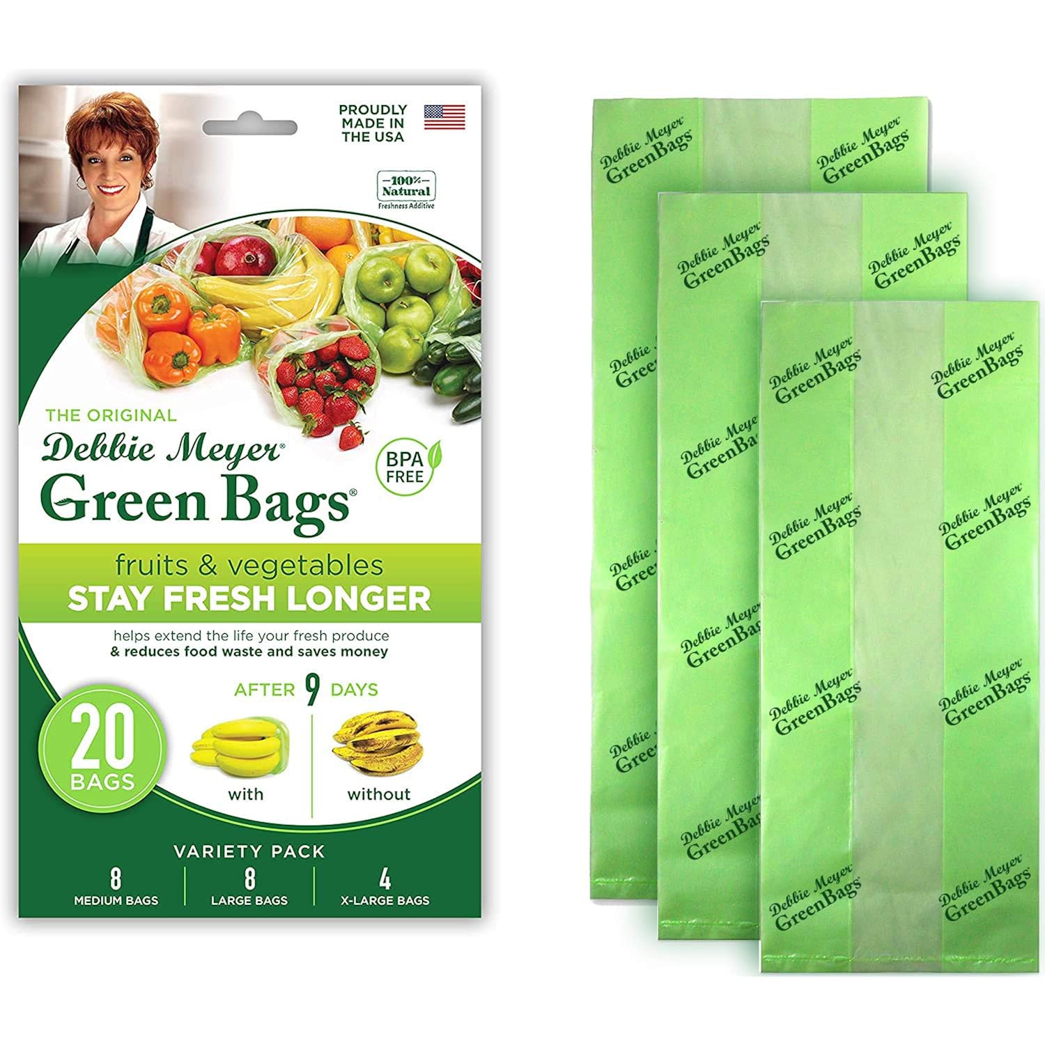 Debbie Meyer Greenbags, 20-Pack (8M, 8L, 4Xl), Reusable Food Storage Bags | Foodfresh Technology, Helps Keep Fruits And Vegetables Fresh Longer, Bpa-Free, Kitchen & Fridge Use, Made In The Usa