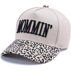 Vintage Two-Tone Trucker Hat Adjustable Baseball Cap with Mommin Embroidery Ponytail Fit Unisex Outdoor Casual Headwear Leopard-01