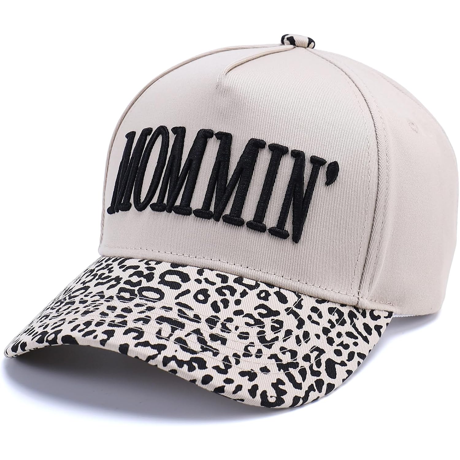 Vintage Two-Tone Trucker Hat Adjustable Baseball Cap with Mommin Embroidery Ponytail Fit Unisex Outdoor Casual Headwear Leopard-01