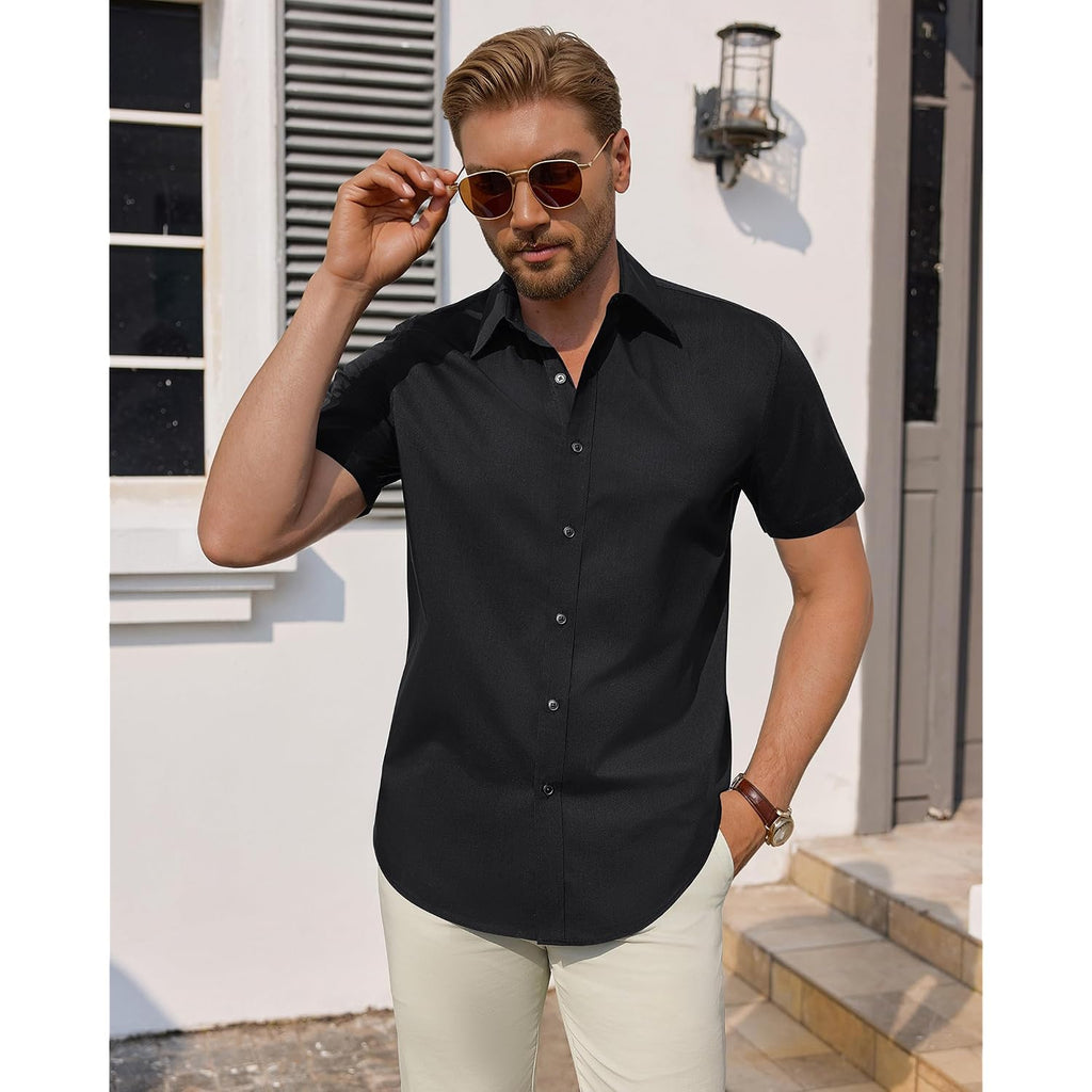Men'S Short Sleeve Dress Shirts Stretch Stain Shield Business Casual Button Down Shirts Solid Formal Wedding Tops