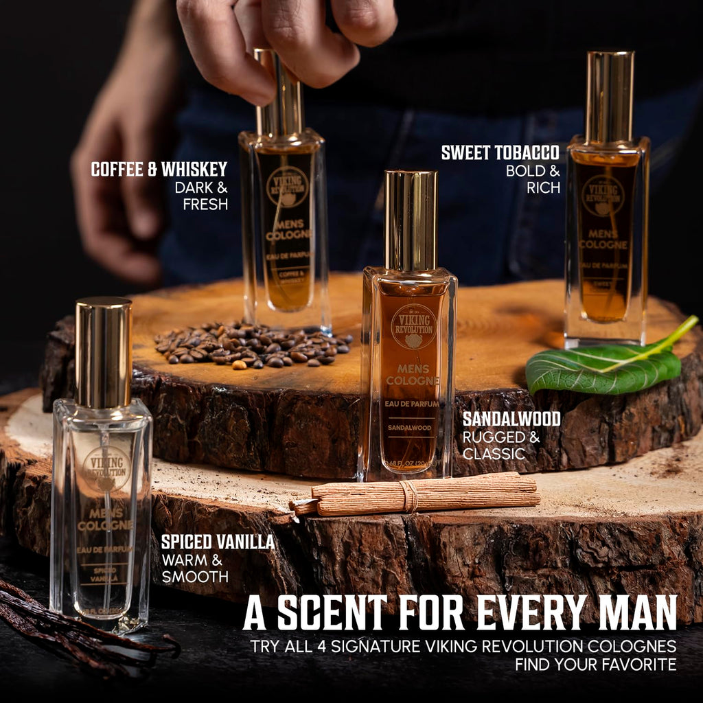 Viking Revolution Mens Cologne Sampler Sets - Travel Size Cologne For Men With Sandalwood, Spiced Vanilla, Coffee & Whiskey, Sweet Tobacco - Perfume Gift Set (4 Pack, 0.68Fl Oz Each)