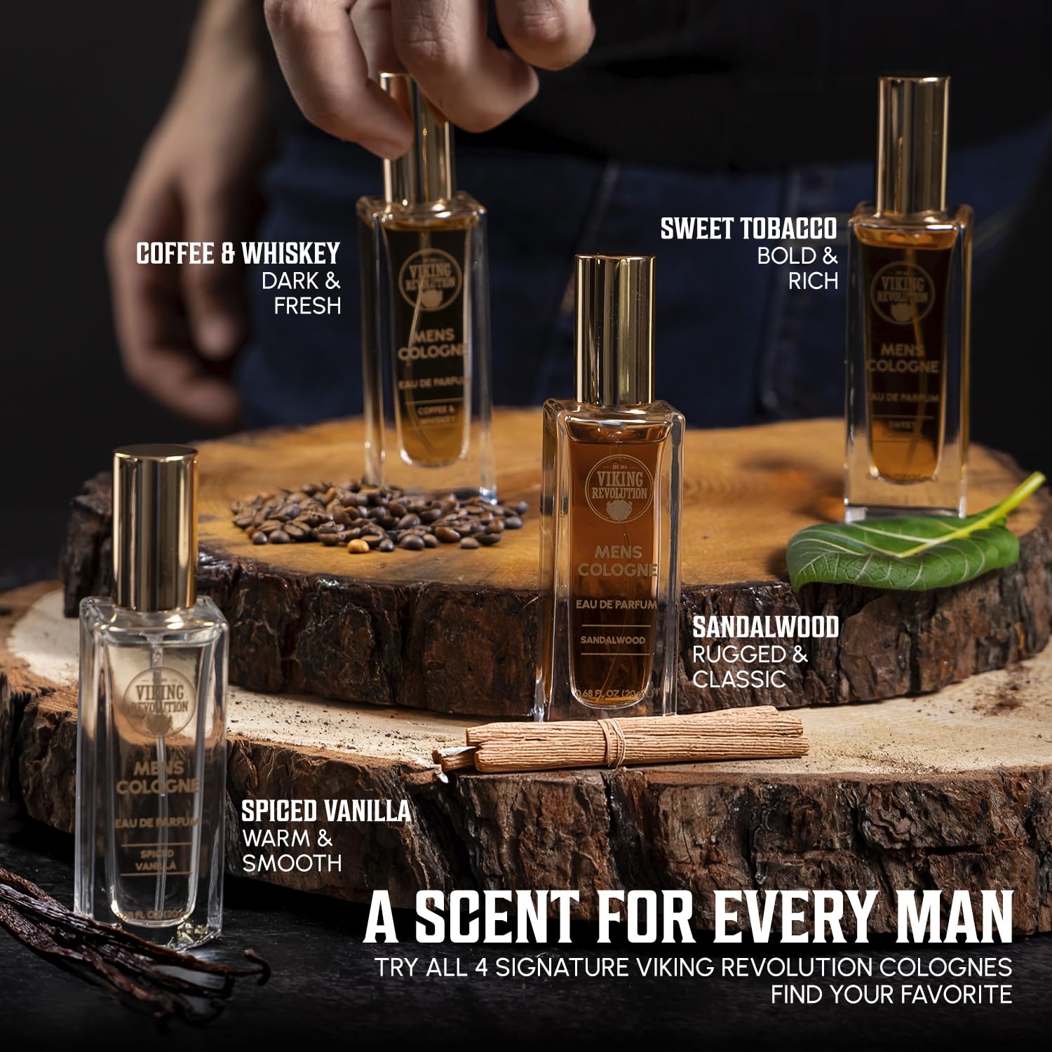 Viking Revolution Mens Cologne Sampler Sets - Travel Size Cologne For Men With Sandalwood, Spiced Vanilla, Coffee & Whiskey, Sweet Tobacco - Perfume Gift Set (4 Pack, 0.68Fl Oz Each)