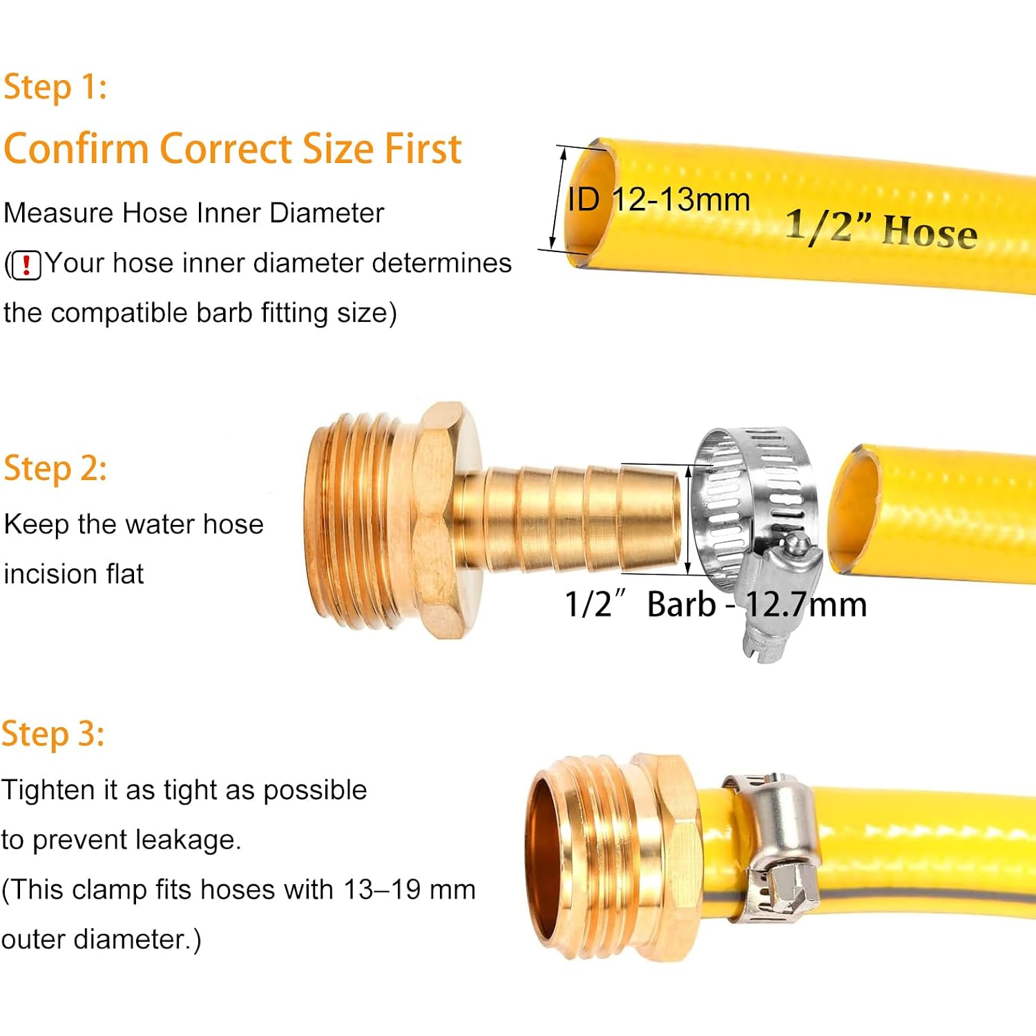 Brass Garden Hose Connector Repair Mender Kit, Fits 1/2" Water Hose Fitting | 1 Set, 1/2" Barb X 3/4" Ght, With Stainless Clamp