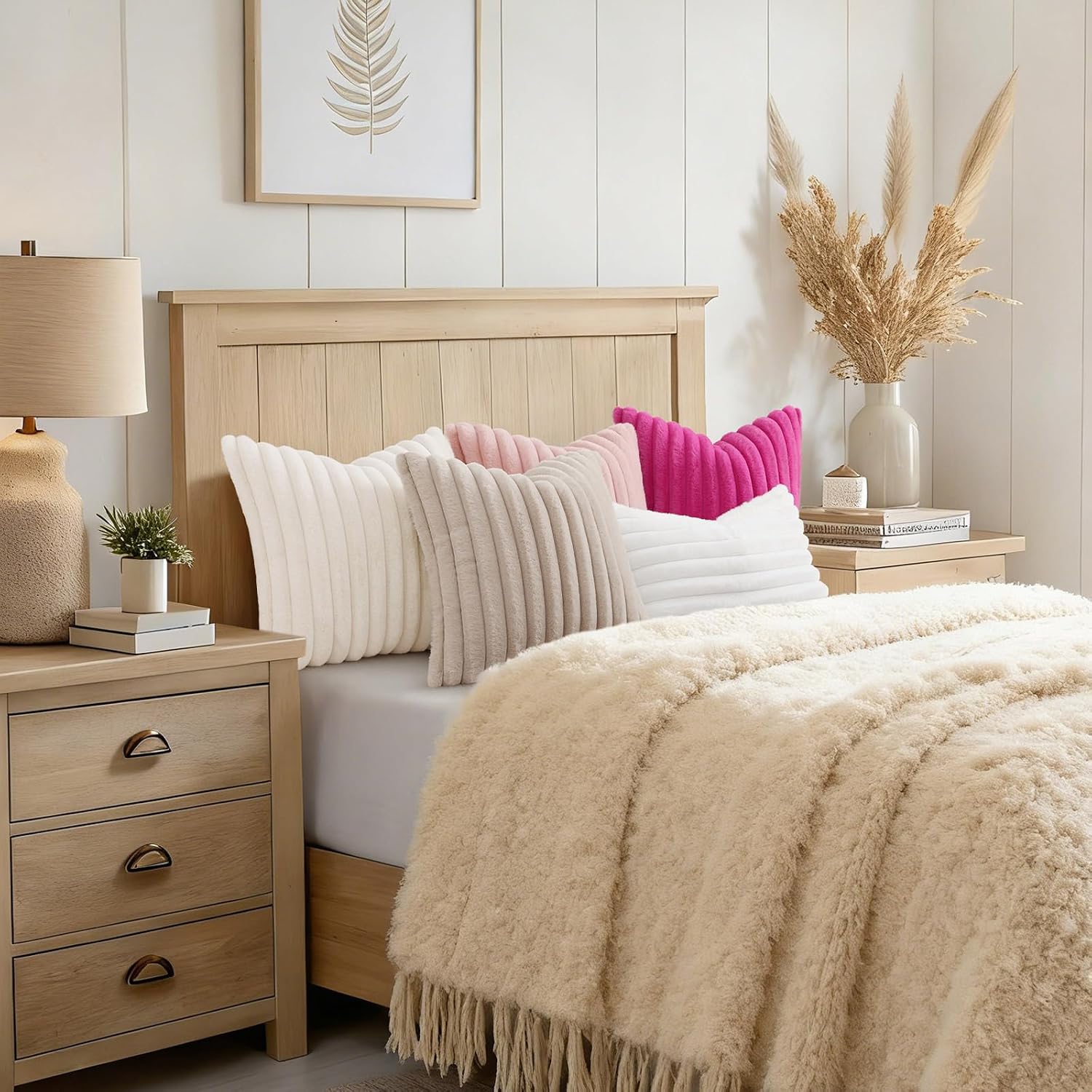 Decoruhome Fall Cozy Faux Fur Throw Pillow Covers 18X18 Set Of 2 Decorative Soft Plush Striped Modern Farmhouse Boho Couch Pillow Cases With Velvet Back For Sofa Bed Living Room, Cream White