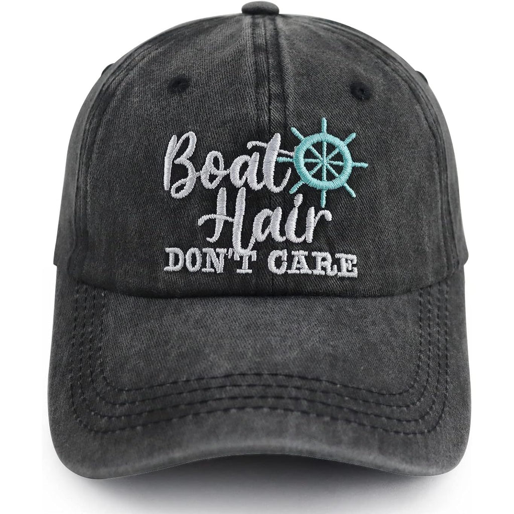 Boat Hair Don't Care Hats for Men Women, Adjustable Embroidered Cotton Washed Distressed Denim Fishing Baseball Cap Black