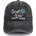 Boat Hair Don't Care Hats for Men Women, Adjustable Embroidered Cotton Washed Distressed Denim Fishing Baseball Cap Black