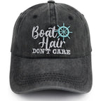 Boat Hair Don't Care Hats for Men Women, Adjustable Embroidered Cotton Washed Distressed Denim Fishing Baseball Cap Black