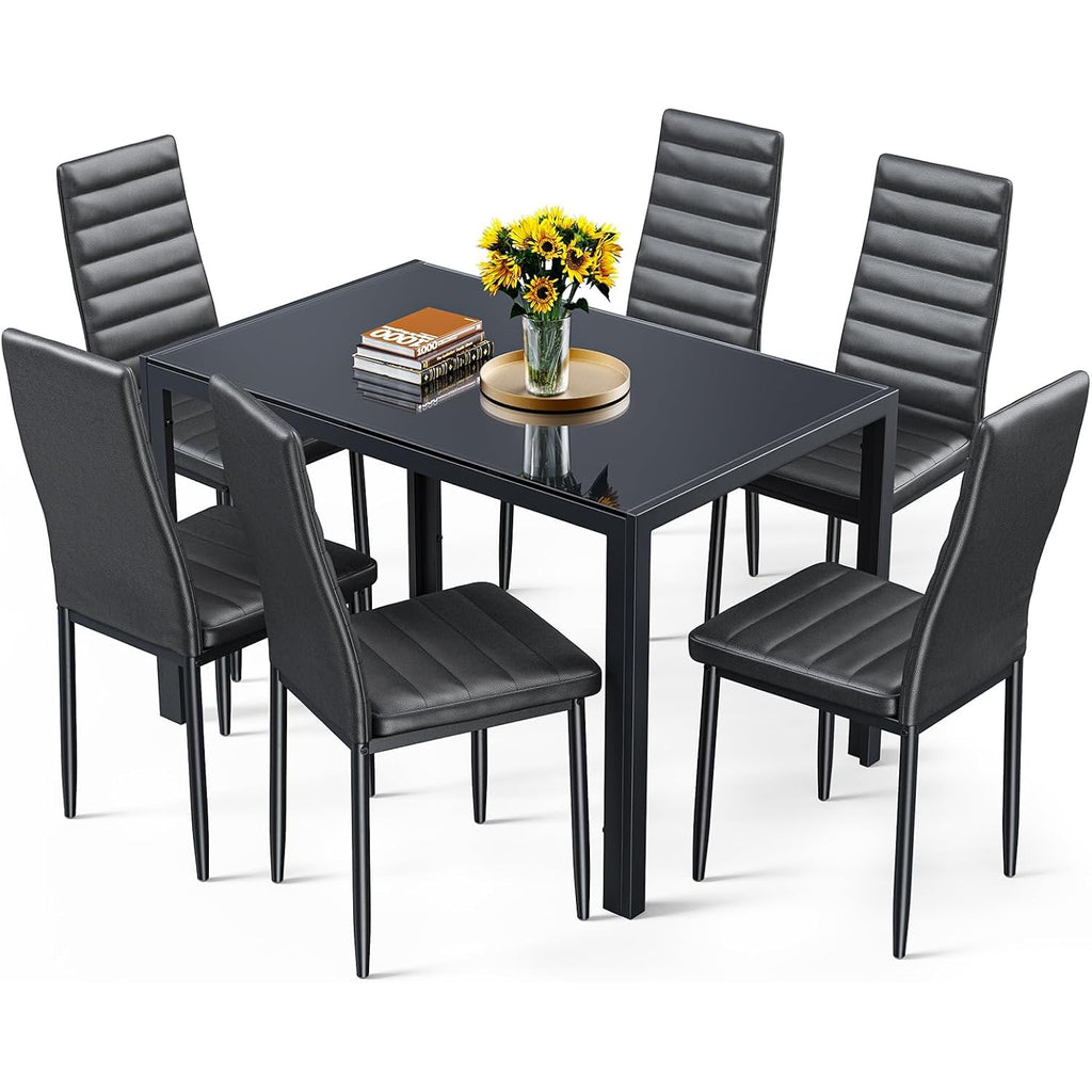 Bealife Kitchen Dining Table Set For 6, Tempered Glass 7 Piece - Black | Pu Leather Modern Dining Room Furniture, Space Saving Table And Chairs Set For Home, Kitchen, Living Room, Dining Room