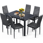 Bealife Kitchen Dining Table Set For 6, Tempered Glass 7 Piece - Black | Pu Leather Modern Dining Room Furniture, Space Saving Table And Chairs Set For Home, Kitchen, Living Room, Dining Room