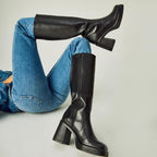 Black Leather Boots Platform Boots For Women Fashion Square Toe Chunky Block Heeled Boots Side Zip