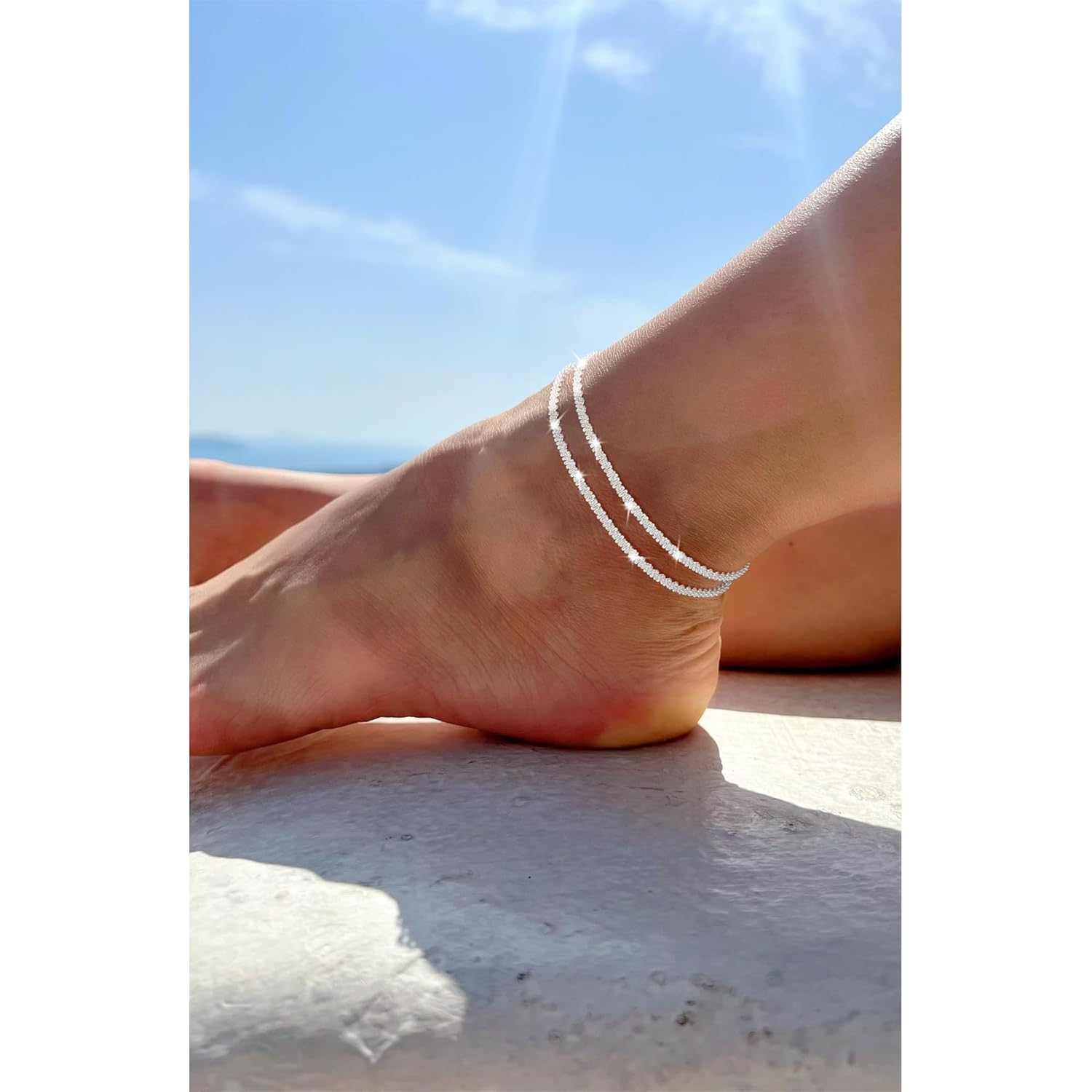 Sterling Silver Ankle Bracelets for Women 14K Gold Plated Anklets Adjustable Summer Beach Layered Waterproof Anklet for Women