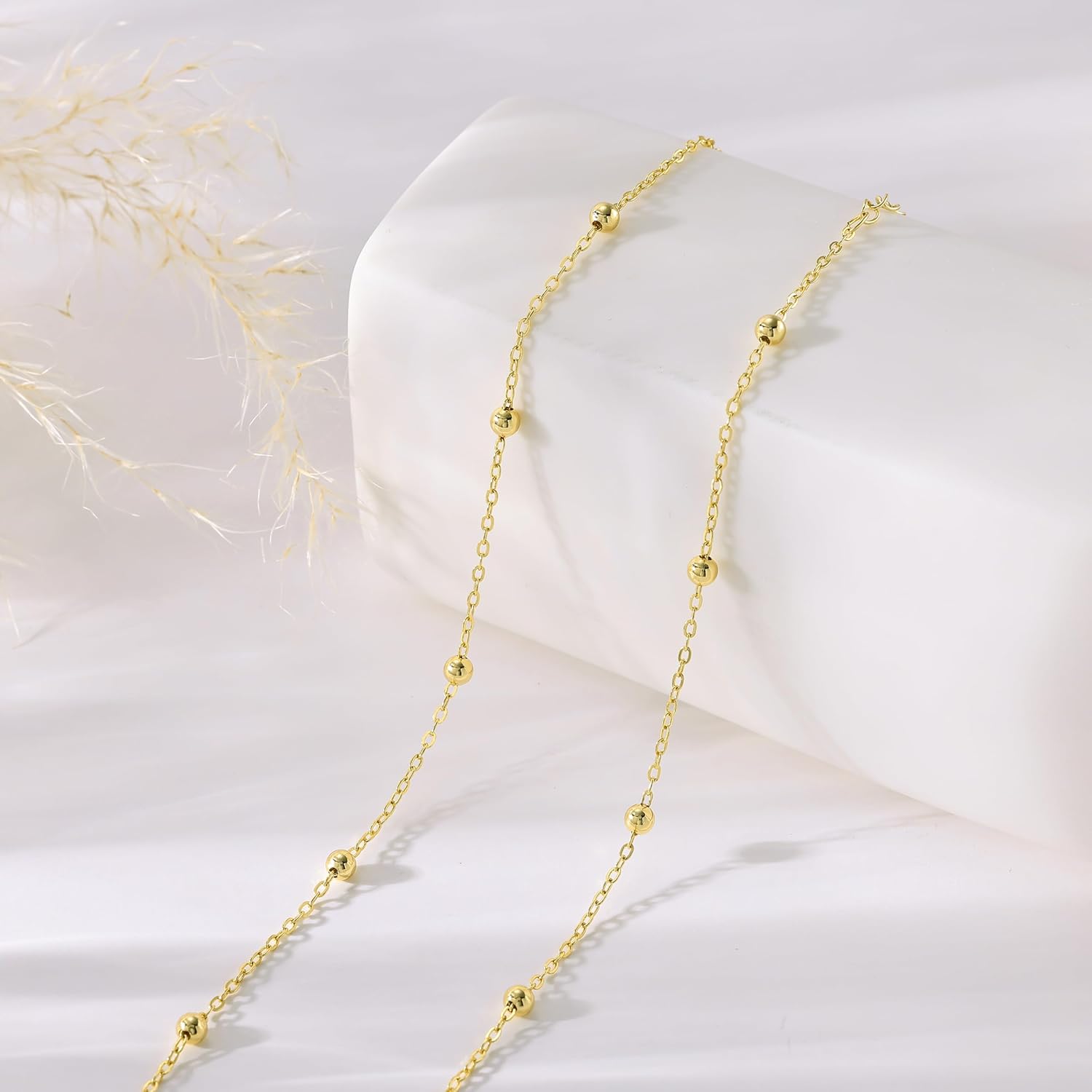Tewiky Gold Chain Necklace for Women, 14k Gold Plated Thin Beaded Wave Box Chain Necklace Dainty Gold Necklace Simple Layered Gold Choker Necklaces Minimalist Gold Link Chain Necklace Trendy Jewelry for Women
