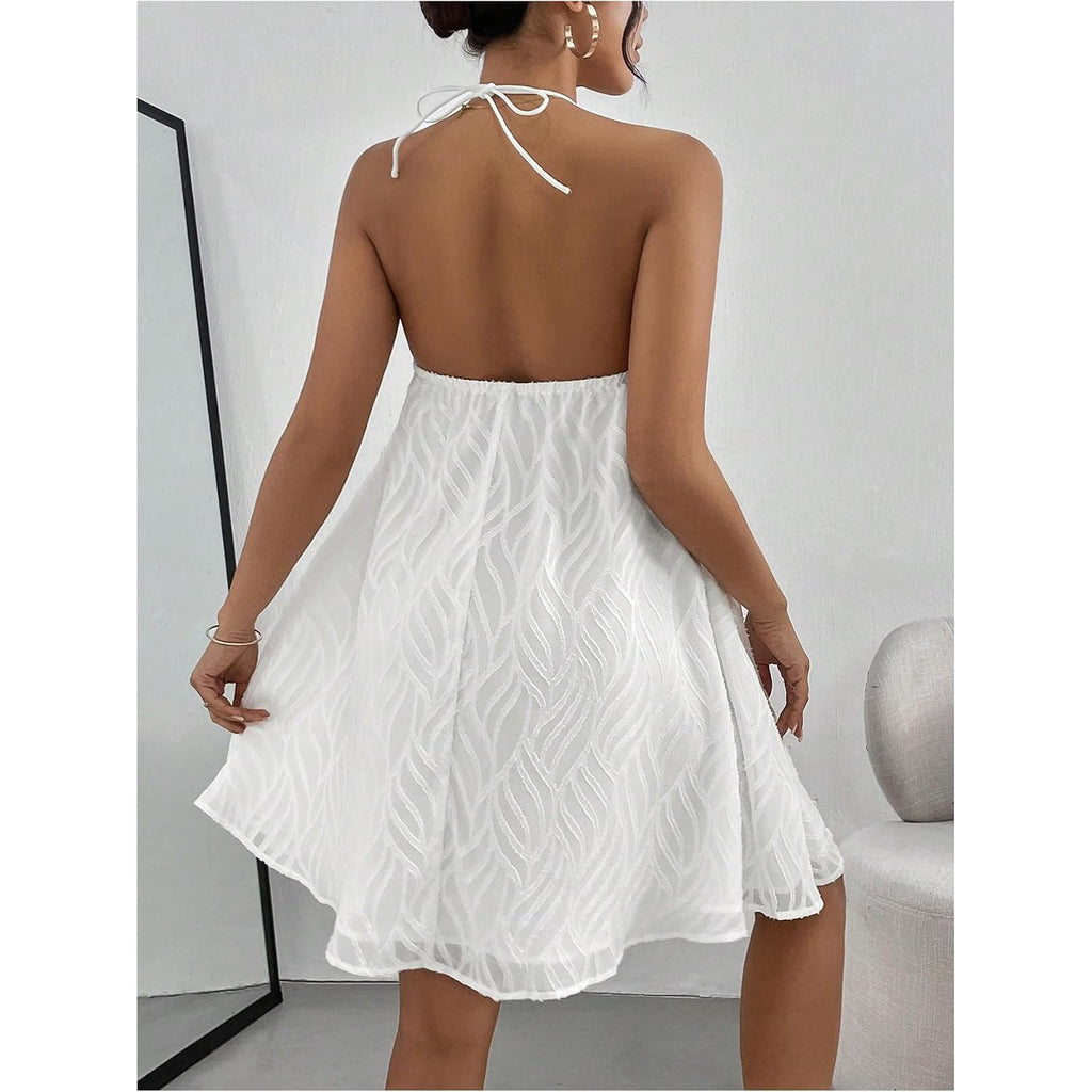 Makemechic Women'S Halter Dress Summer White Beach Mini Backless Flowy Short Dress